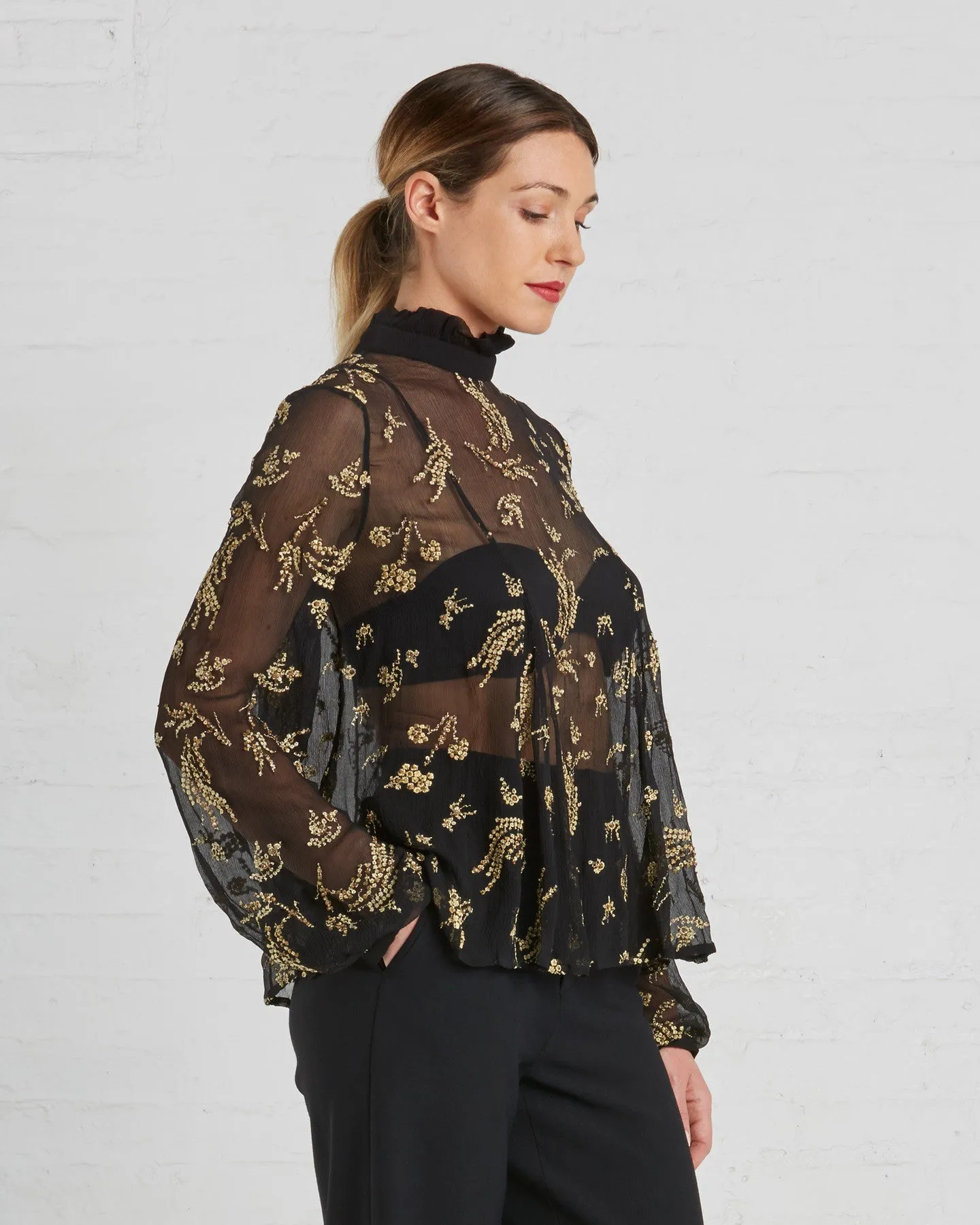 Suno Black And Gold Floral Chiffon Blouse