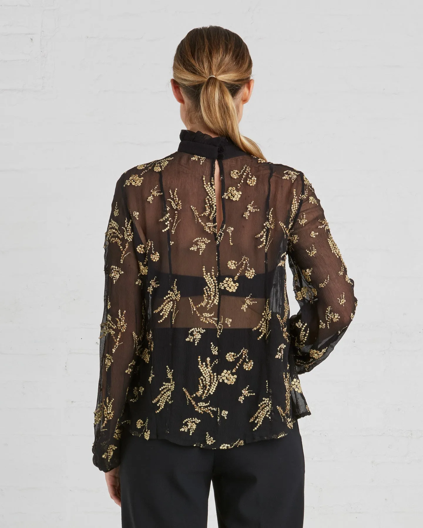 Suno Black And Gold Floral Chiffon Blouse
