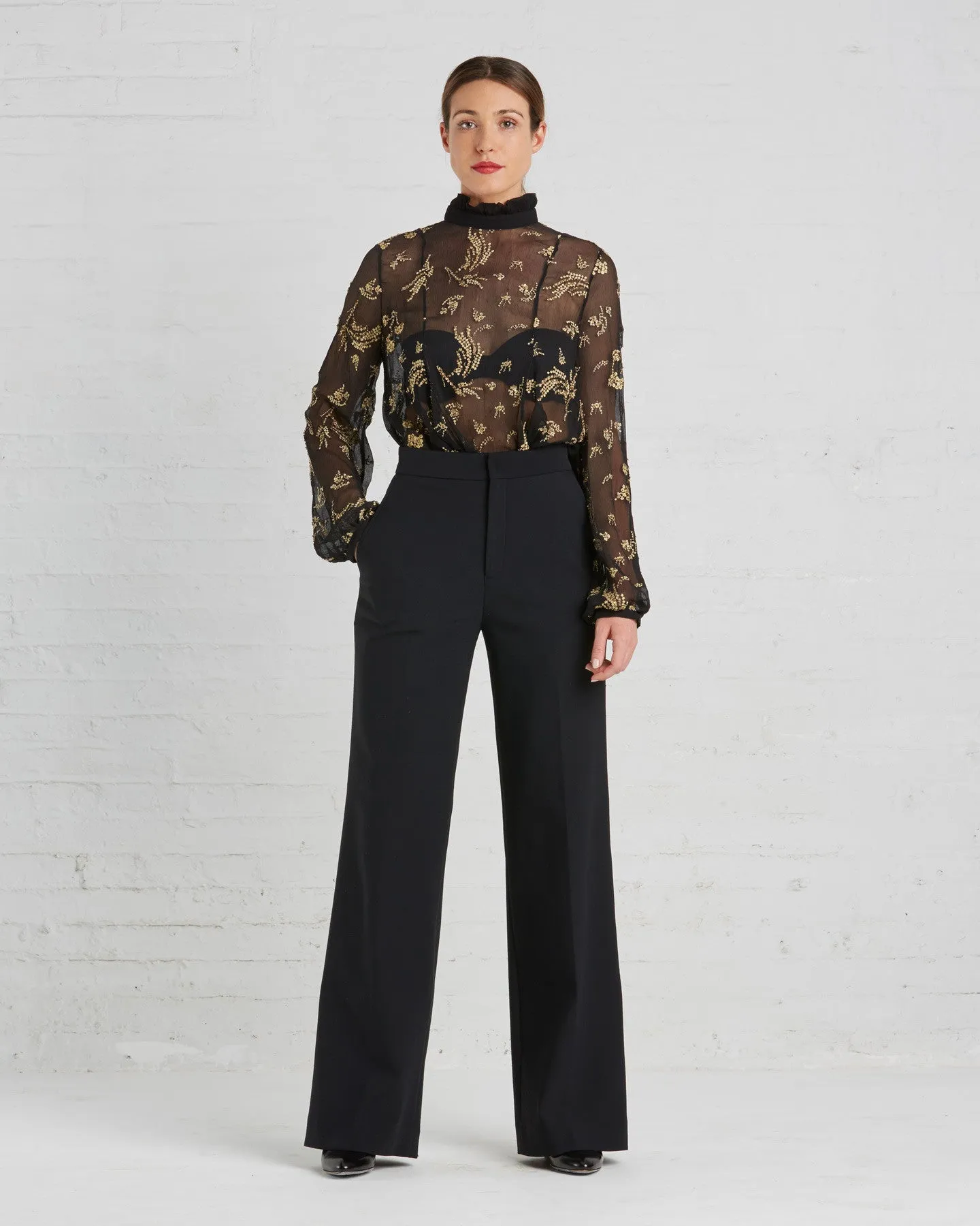 Suno Black And Gold Floral Chiffon Blouse