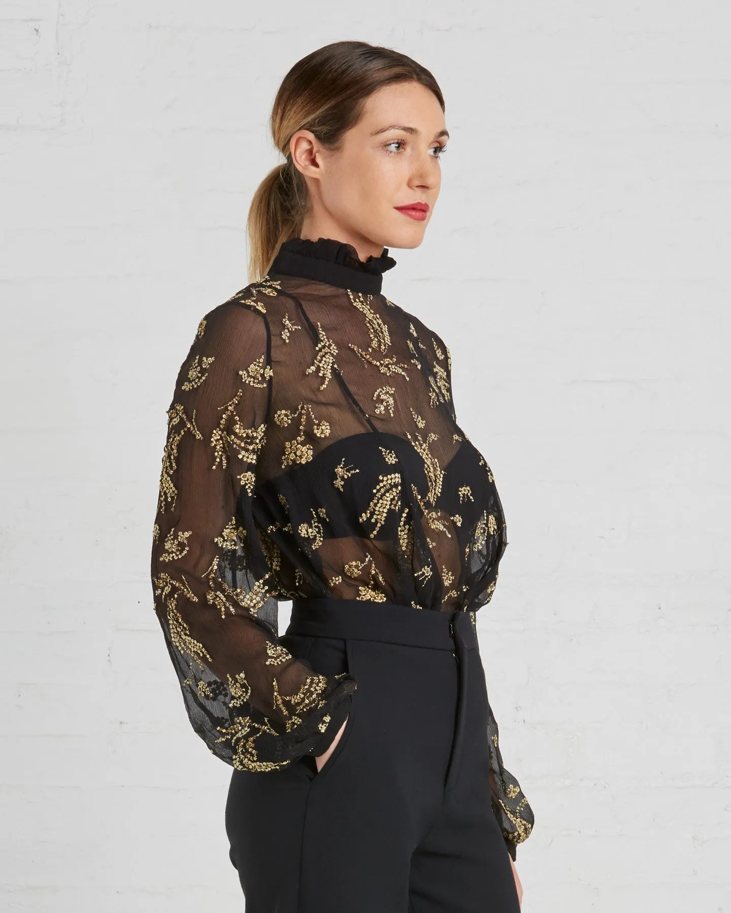 Suno Black And Gold Floral Chiffon Blouse