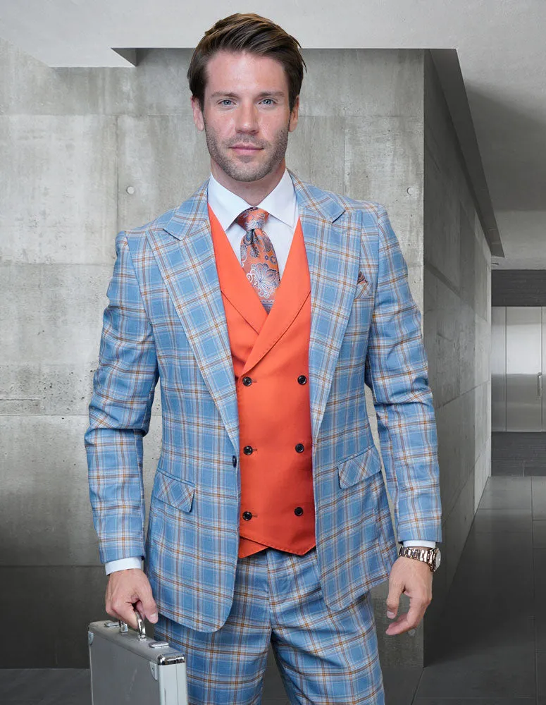 SUNSET BLUE 3 PC MODERN FIT PLAID SUIT