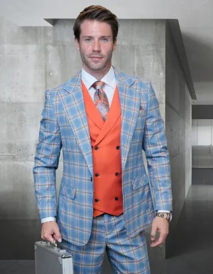 SUNSET BLUE 3 PC MODERN FIT PLAID SUIT