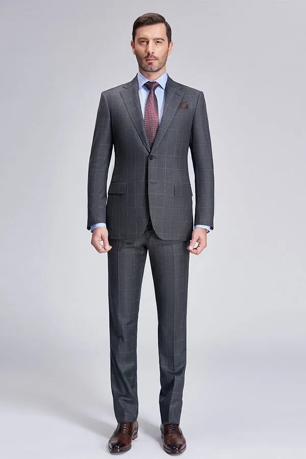 Superior Checked Notch Lapel Two Buttons Dark Grey Suits for Business Men