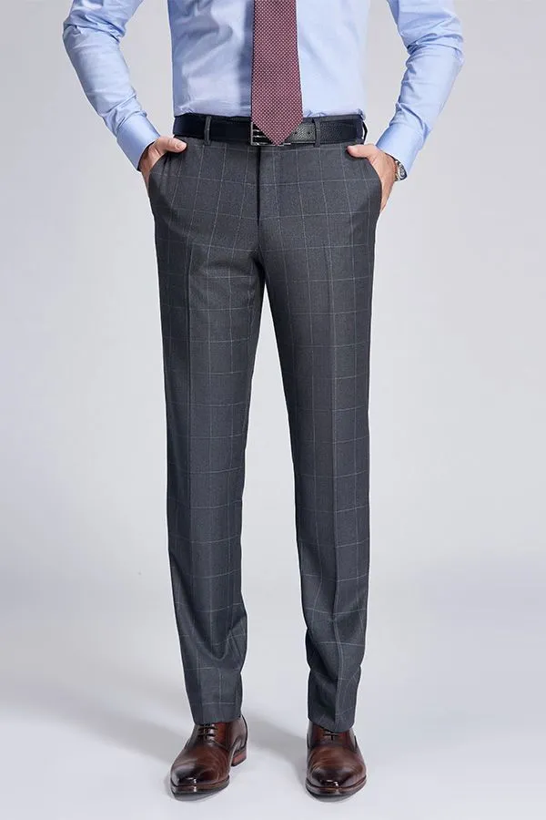 Superior Checked Notch Lapel Two Buttons Dark Grey Suits for Business Men
