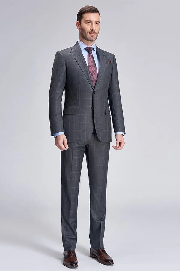 Superior Checked Notch Lapel Two Buttons Dark Grey Suits for Business Men