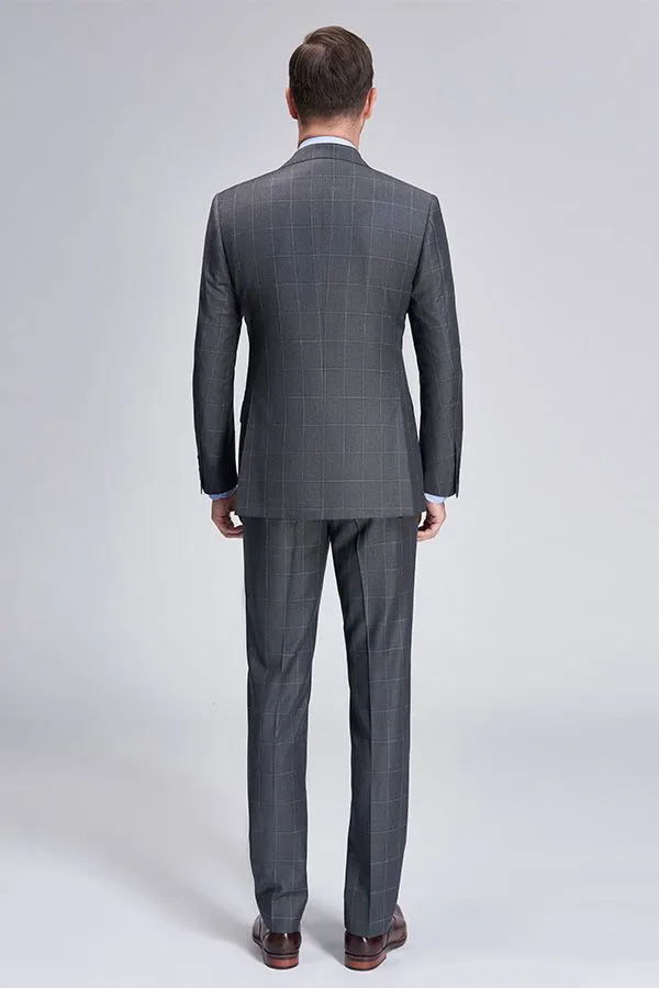 Superior Checked Notch Lapel Two Buttons Dark Grey Suits for Business Men