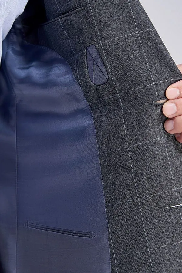 Superior Checked Notch Lapel Two Buttons Dark Grey Suits for Business Men