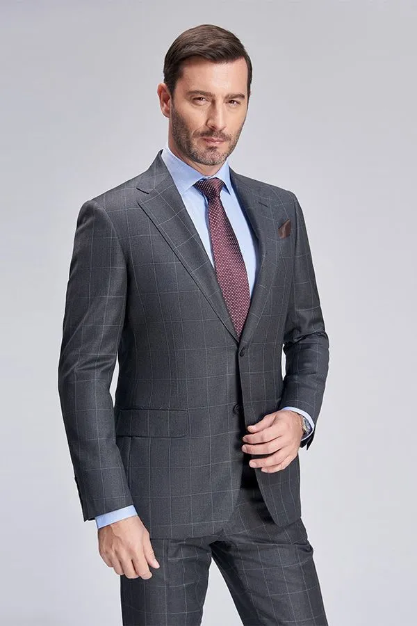 Superior Checked Notch Lapel Two Buttons Dark Grey Suits for Business Men