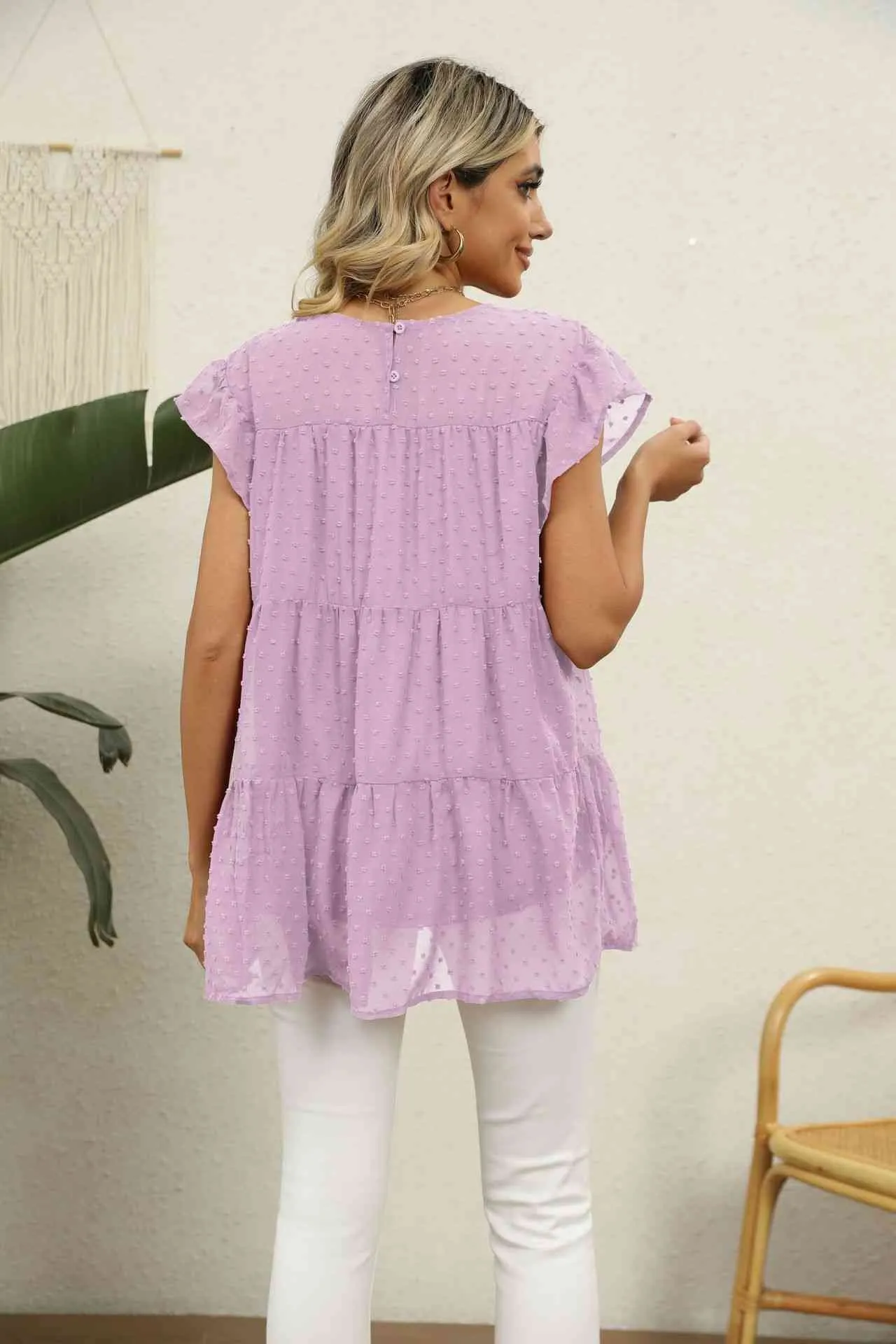 Swiss Dot Round Neck Tiered Blouse (8 Colors)