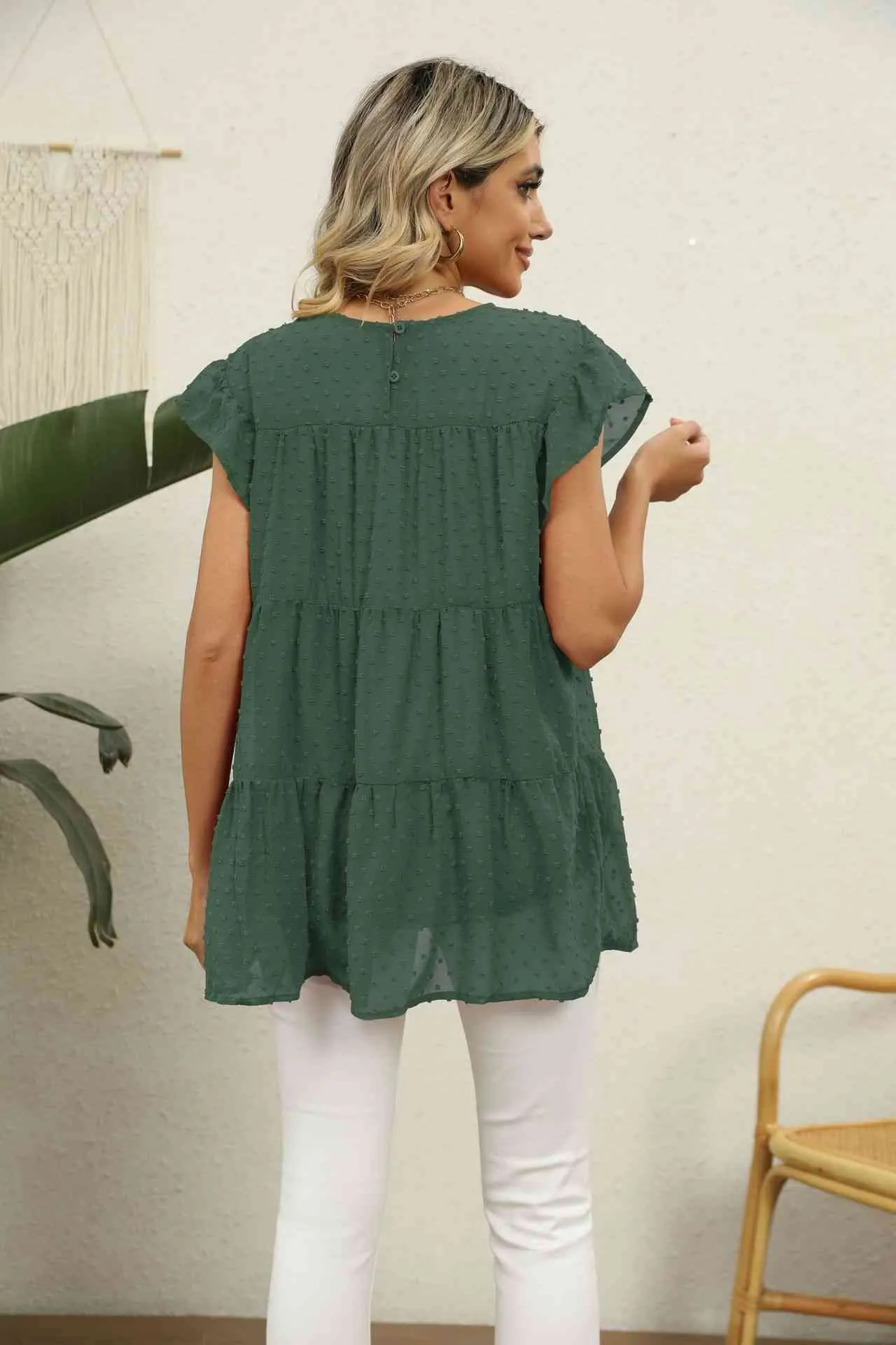 Swiss Dot Round Neck Tiered Blouse (8 Colors)