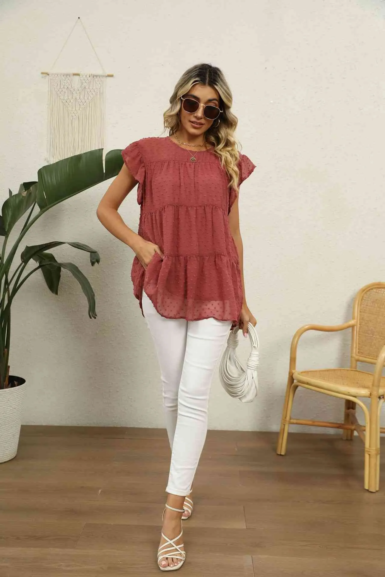 Swiss Dot Round Neck Tiered Blouse (8 Colors)