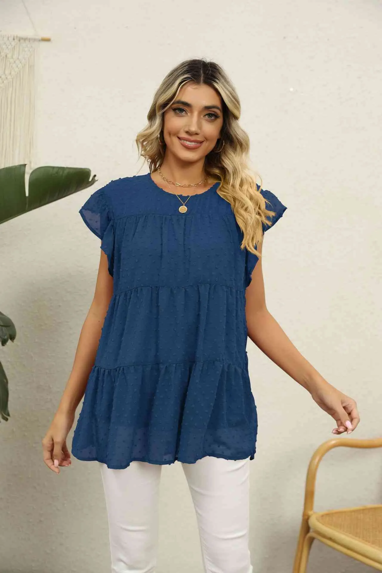 Swiss Dot Round Neck Tiered Blouse (8 Colors)