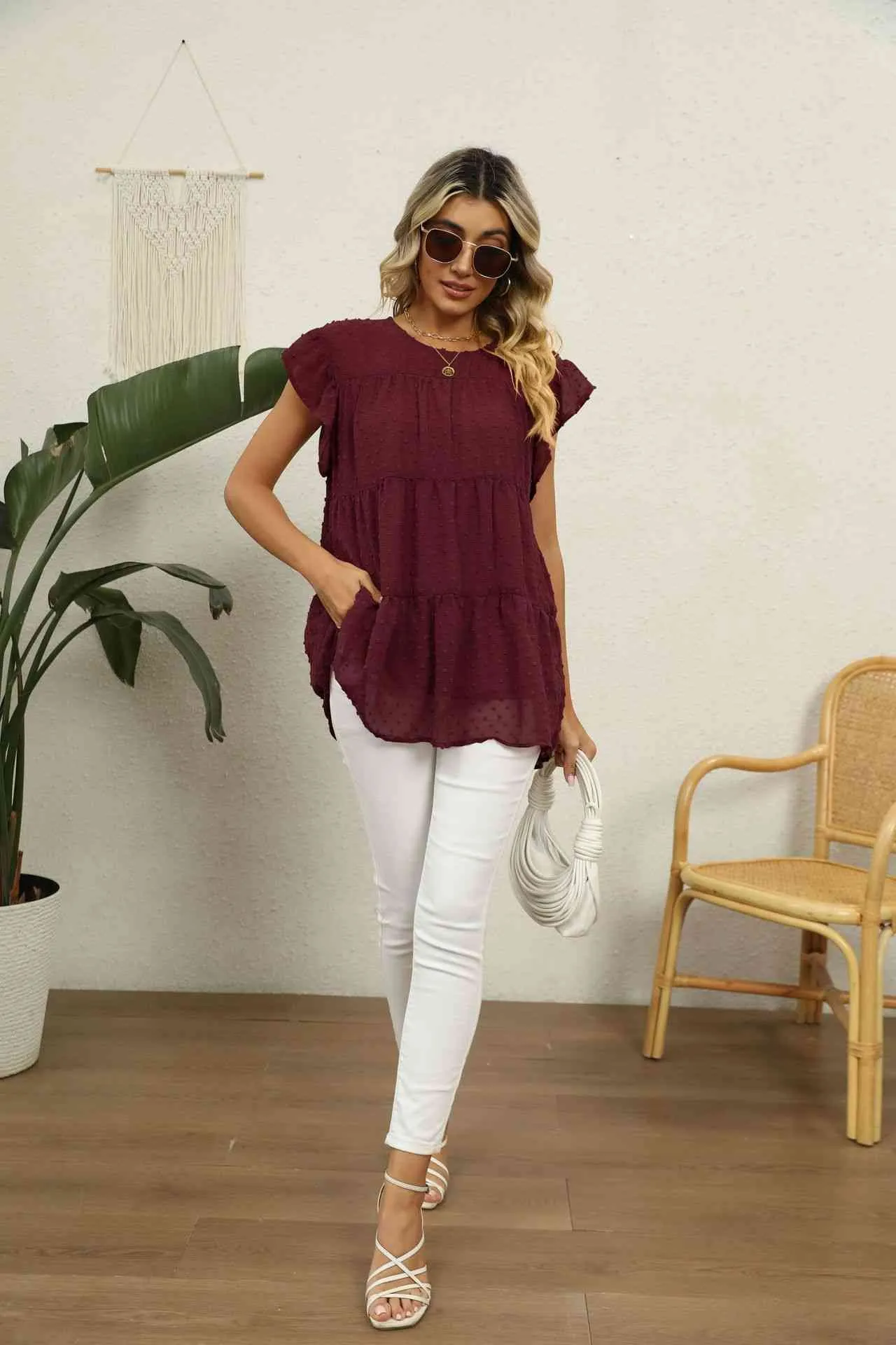 Swiss Dot Round Neck Tiered Blouse (8 Colors)
