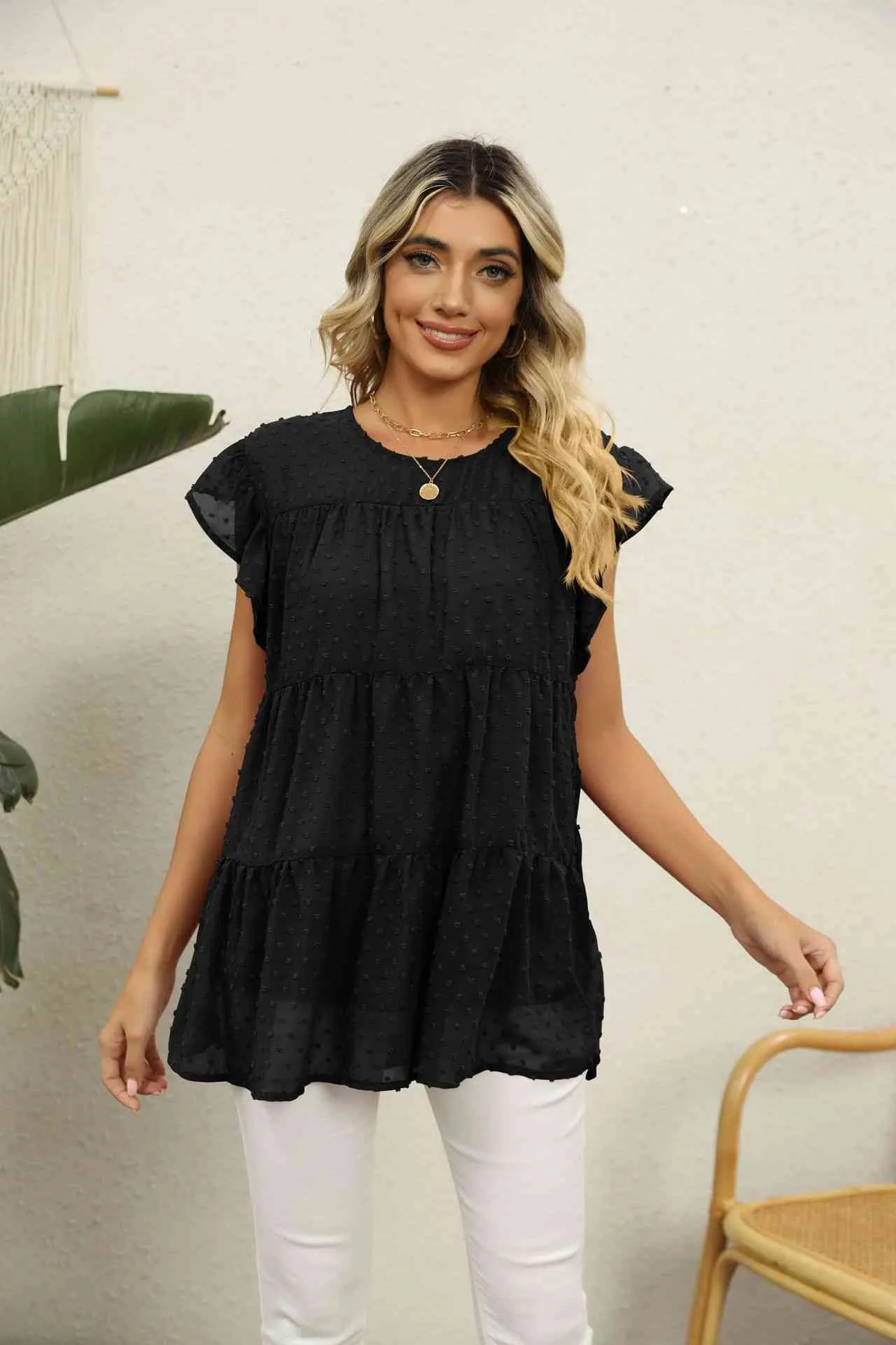 Swiss Dot Round Neck Tiered Blouse (8 Colors)