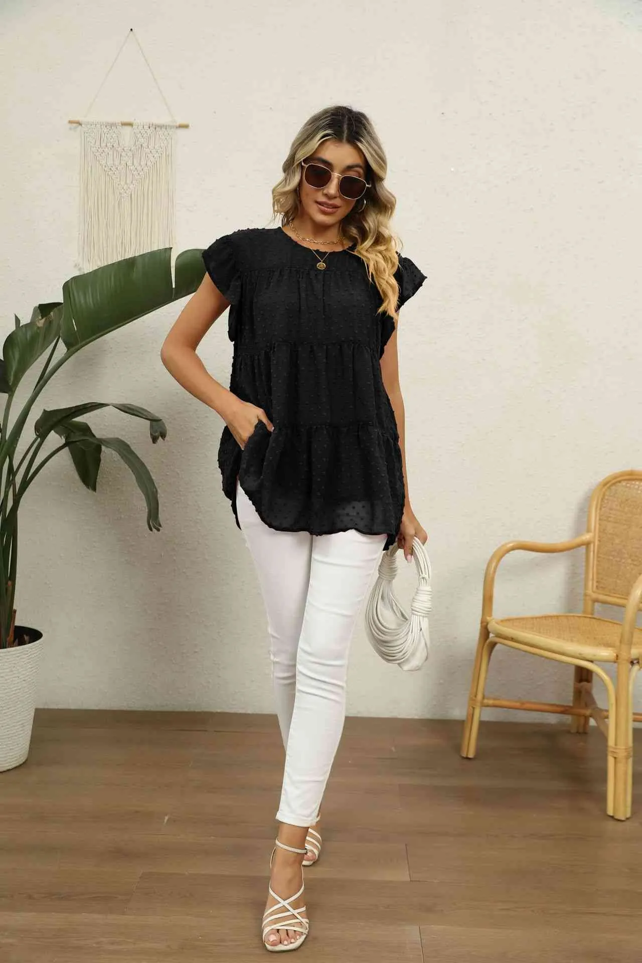 Swiss Dot Round Neck Tiered Blouse (8 Colors)