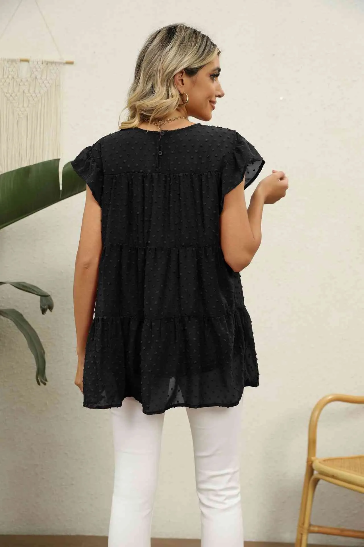 Swiss Dot Round Neck Tiered Blouse (8 Colors)