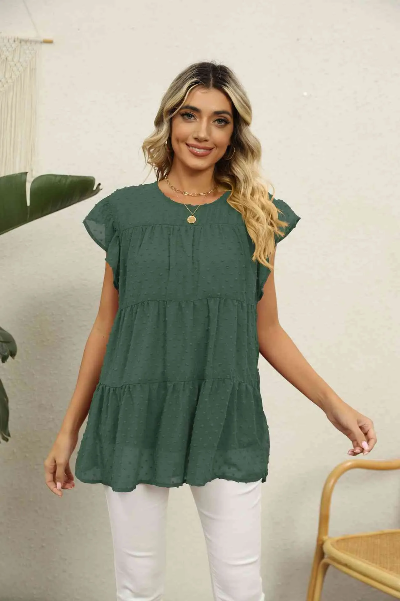 Swiss Dot Round Neck Tiered Blouse (8 Colors)