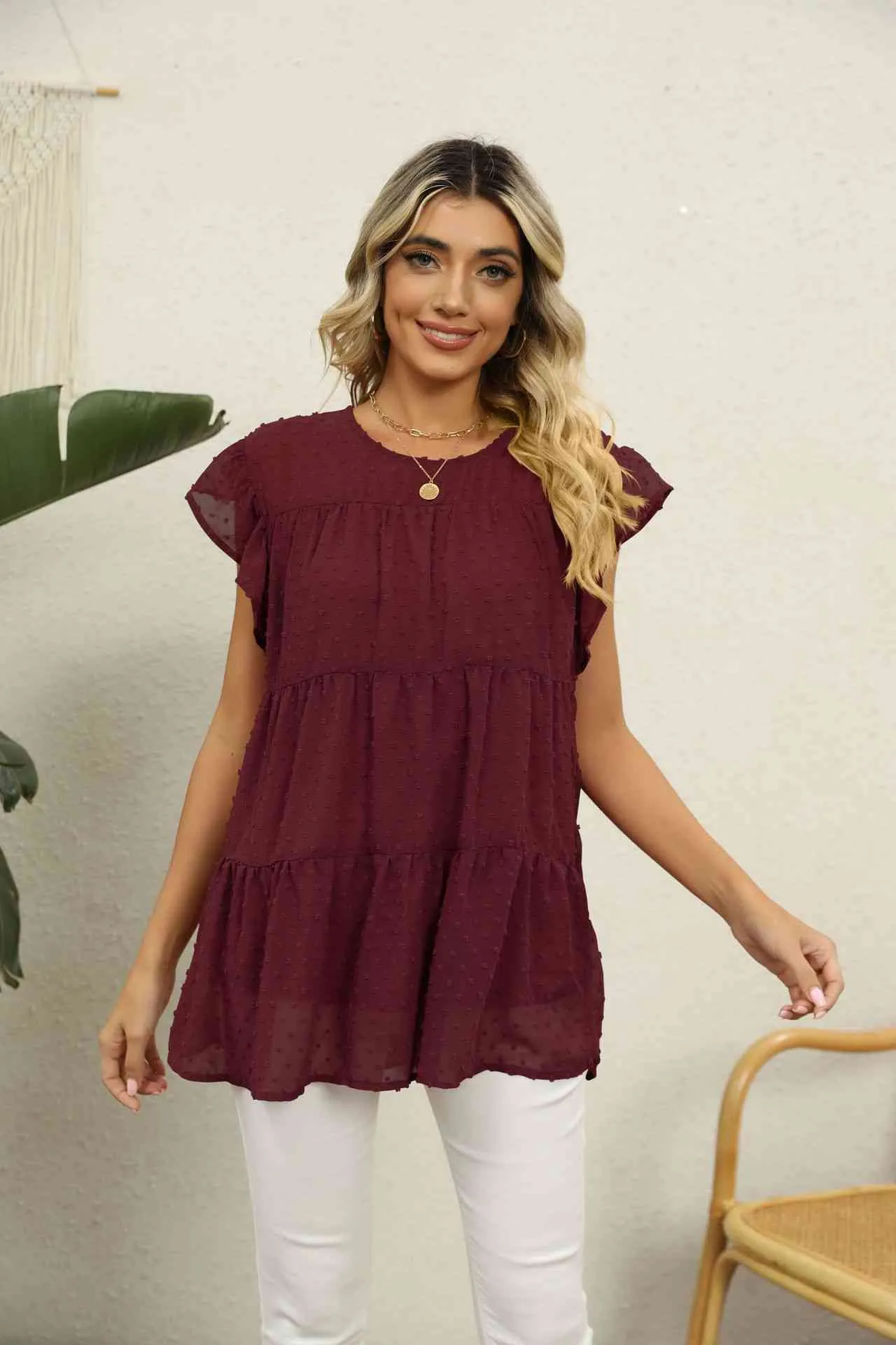 Swiss Dot Round Neck Tiered Blouse (8 Colors)