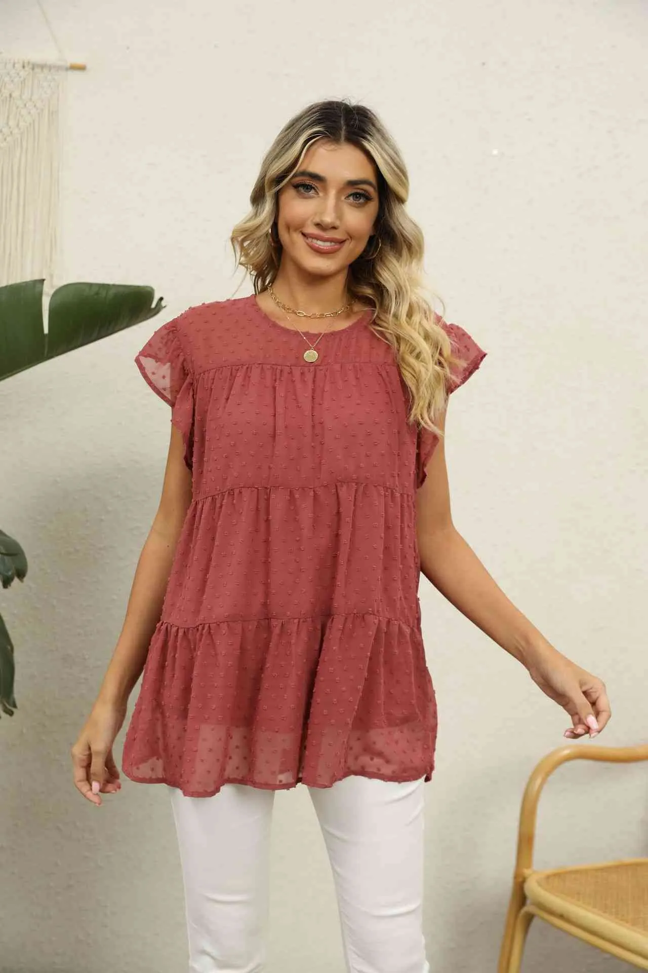 Swiss Dot Round Neck Tiered Blouse (8 Colors)
