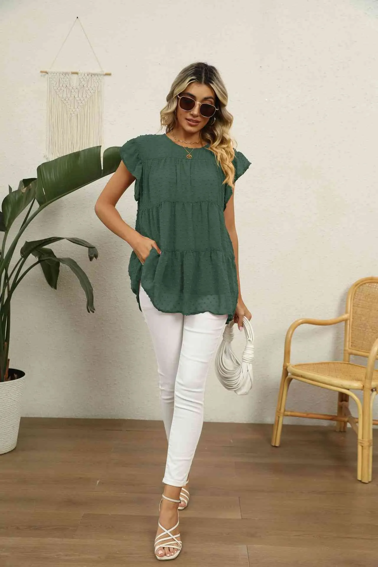 Swiss Dot Round Neck Tiered Blouse (8 Colors)