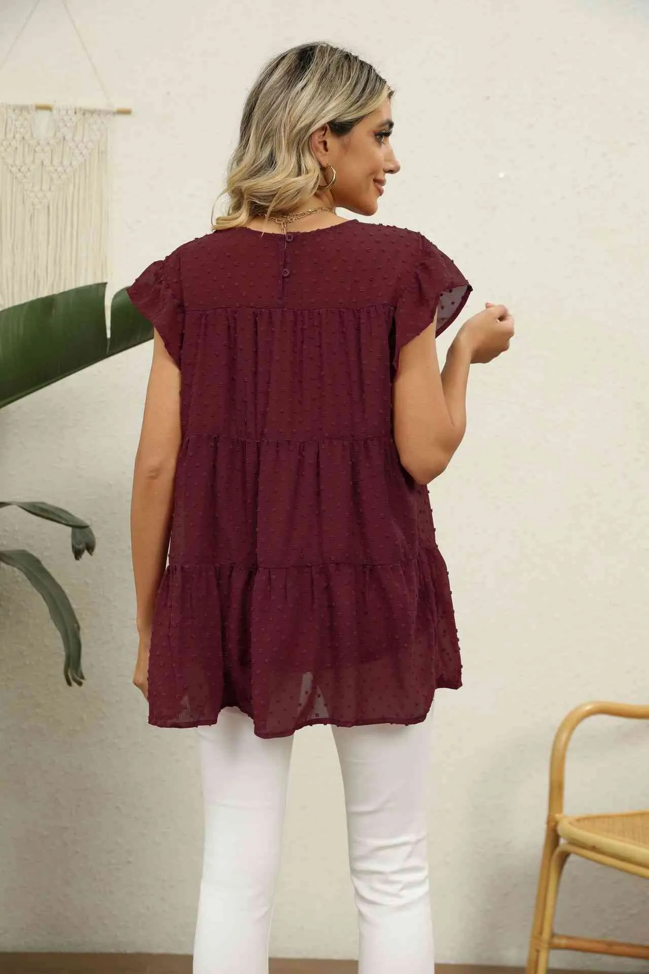 Swiss Dot Round Neck Tiered Blouse (8 Colors)