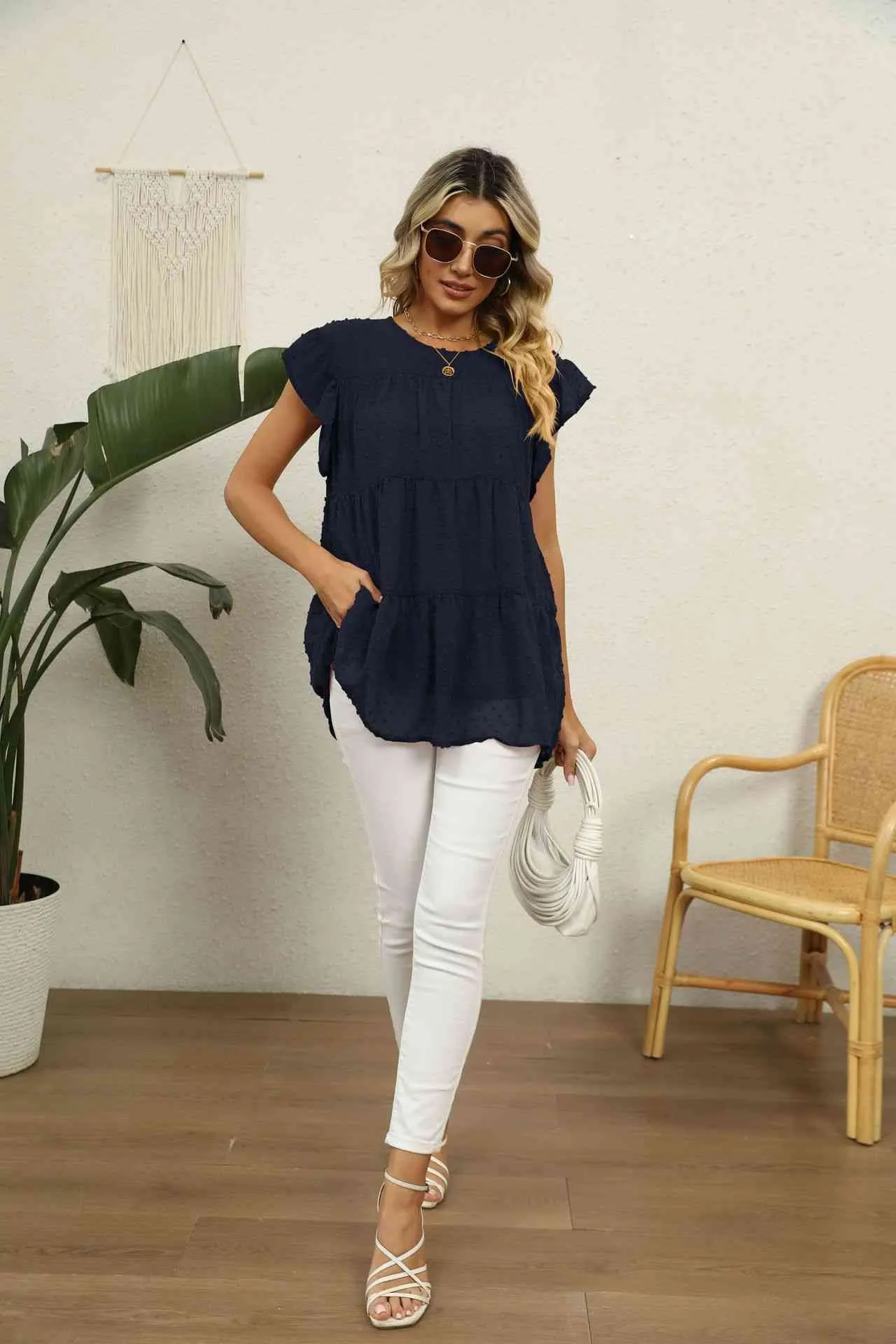 Swiss Dot Round Neck Tiered Blouse (8 Colors)