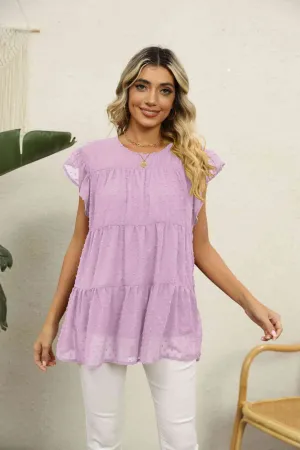 Swiss Dot Round Neck Tiered Blouse (8 Colors)