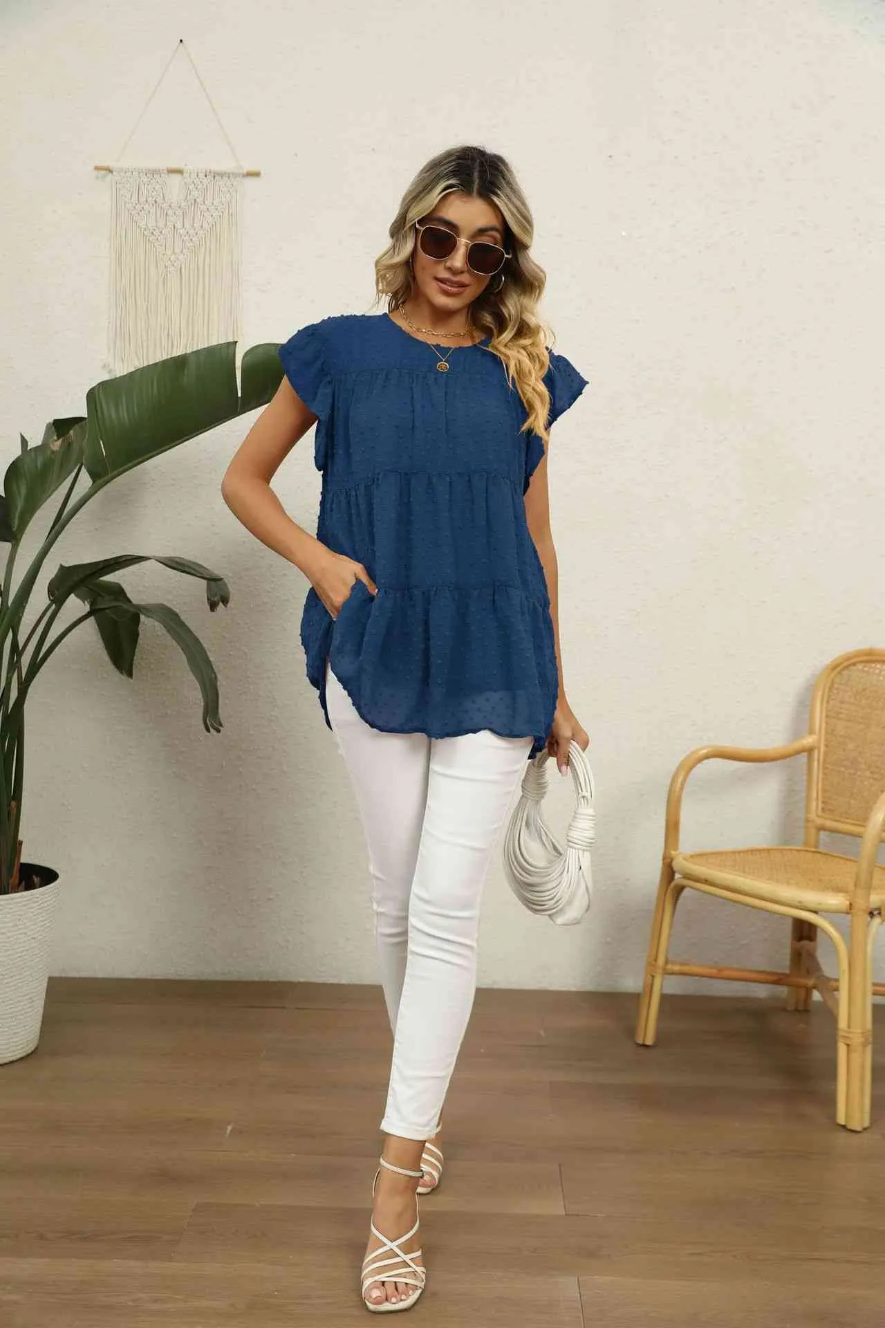 Swiss Dot Round Neck Tiered Blouse (8 Colors)
