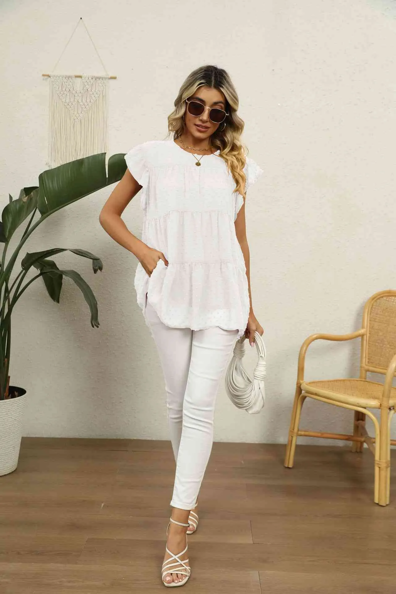 Swiss Dot Round Neck Tiered Blouse (8 Colors)