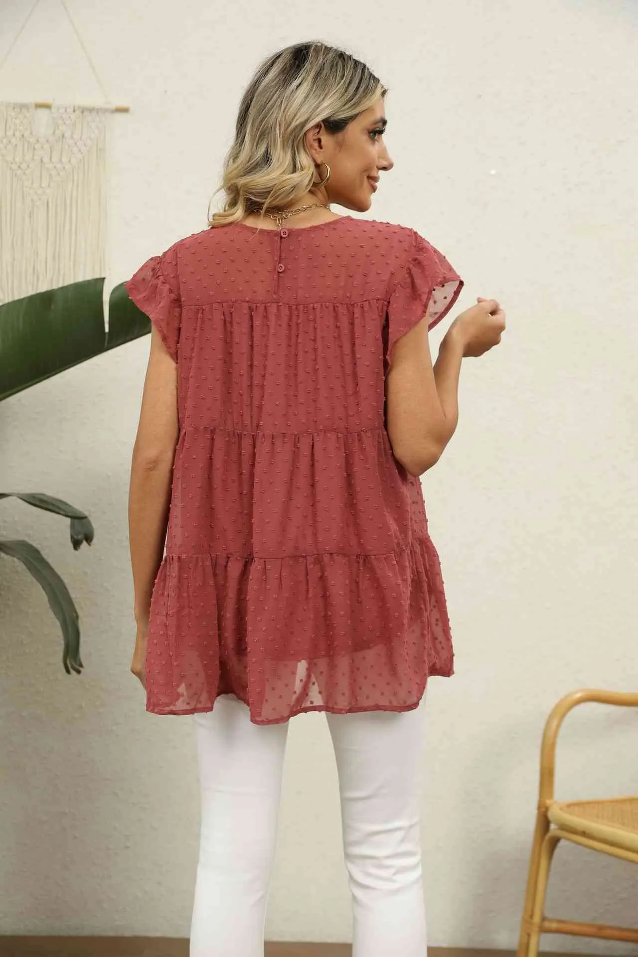 Swiss Dot Round Neck Tiered Blouse (8 Colors)