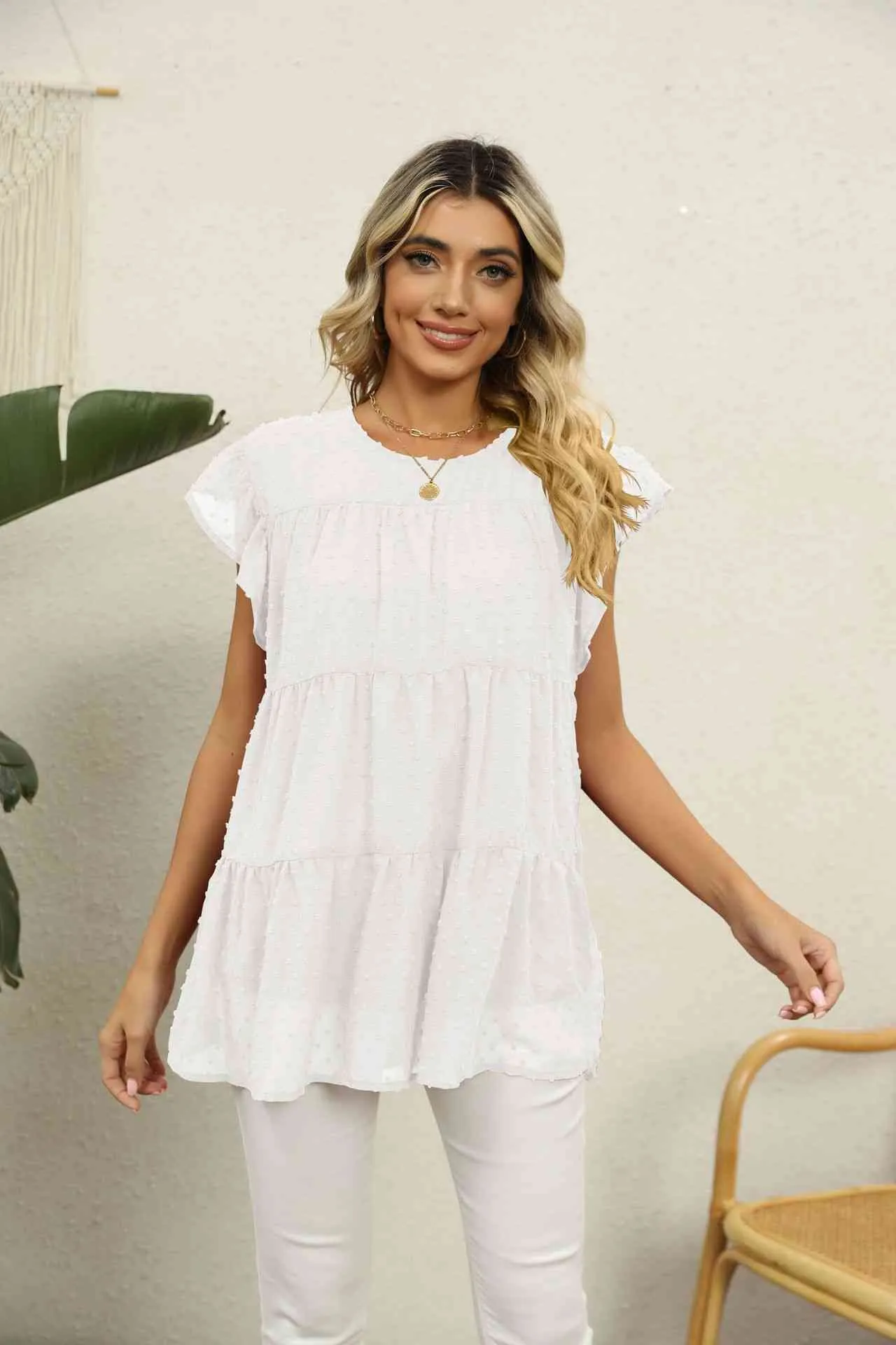 Swiss Dot Round Neck Tiered Blouse (8 Colors)