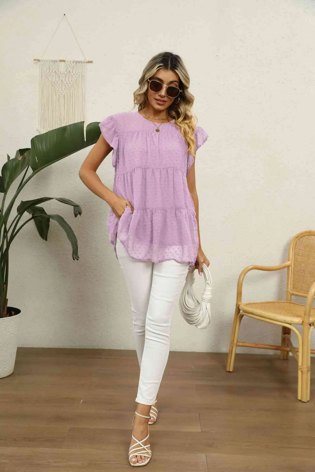 Swiss Dot Round Neck Tiered Blouse (8 Colors)
