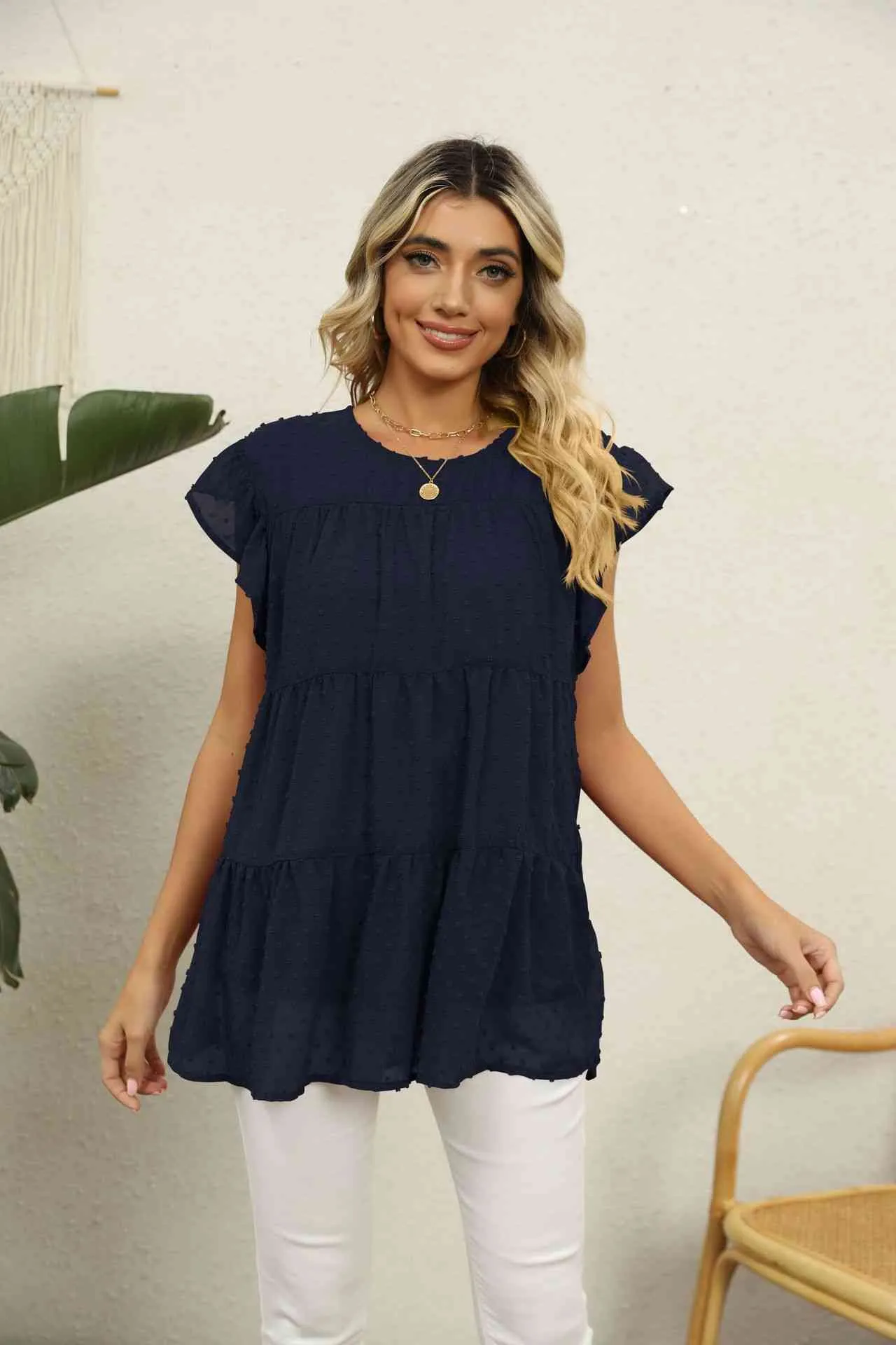 Swiss Dot Round Neck Tiered Blouse (8 Colors)