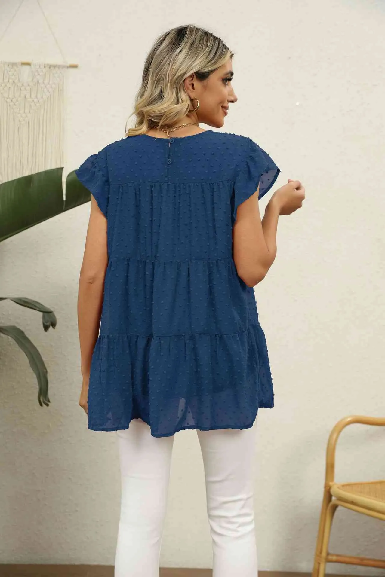Swiss Dot Round Neck Tiered Blouse (8 Colors)