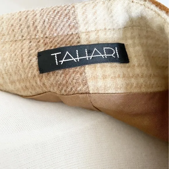 Tahari Tan Brown Cream Plaid Skirt Suede &amp; Buckle Details