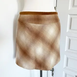 Tahari Tan Brown Cream Plaid Skirt Suede &amp; Buckle Details