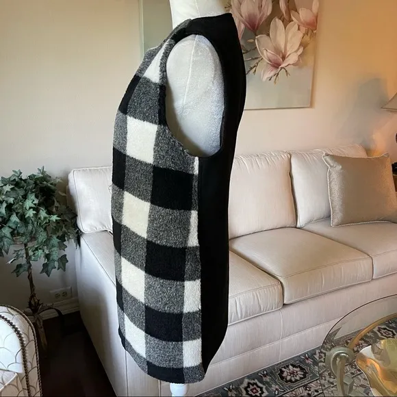 Talbots Wool Blend Buffalo Plaid Long Vest in Black,  White and Gray