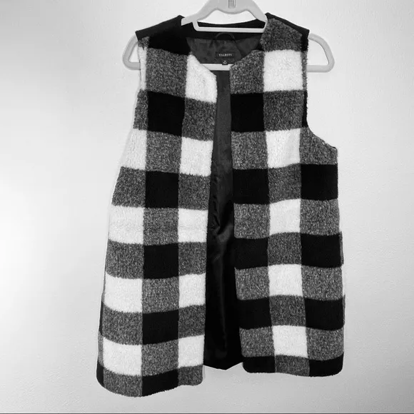 Talbots Wool Blend Buffalo Plaid Long Vest in Black,  White and Gray
