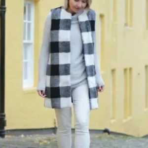 Talbots Wool Blend Buffalo Plaid Long Vest in Black,  White and Gray