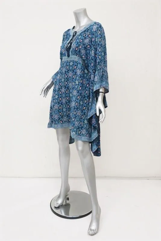 Talitha Waterfall Mini Dress Blue Maharaja Print Ruffled Silk Size Small