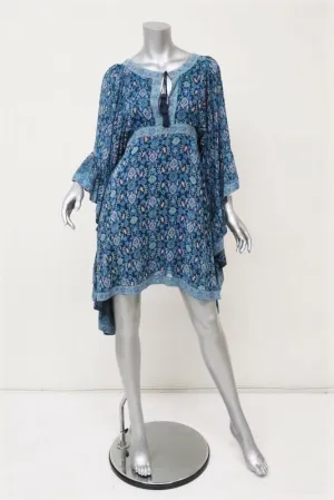 Talitha Waterfall Mini Dress Blue Maharaja Print Ruffled Silk Size Small