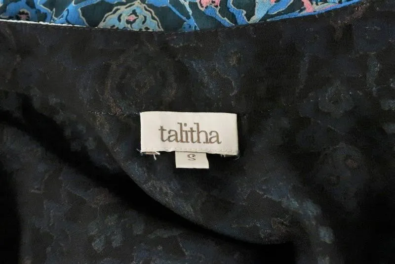 Talitha Waterfall Mini Dress Blue Maharaja Print Ruffled Silk Size Small