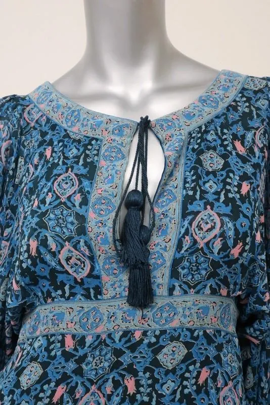 Talitha Waterfall Mini Dress Blue Maharaja Print Ruffled Silk Size Small