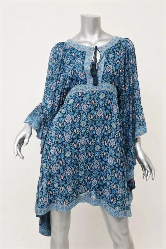 Talitha Waterfall Mini Dress Blue Maharaja Print Ruffled Silk Size Small