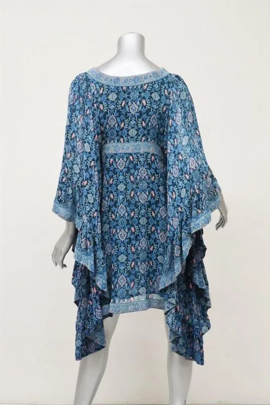 Talitha Waterfall Mini Dress Blue Maharaja Print Ruffled Silk Size Small