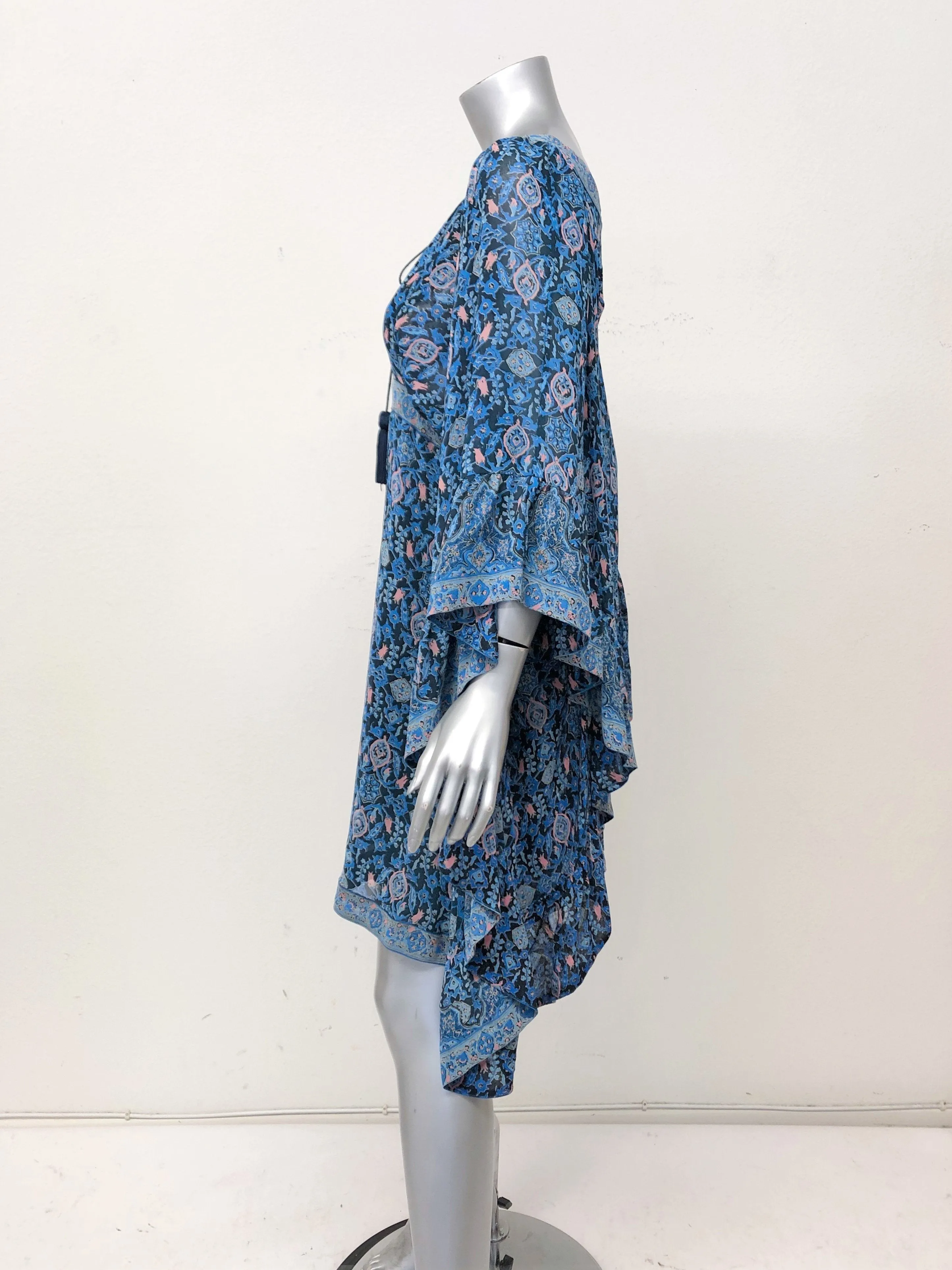 Talitha Waterfall Mini Dress Blue Maharaja Print Ruffled Silk Size Small