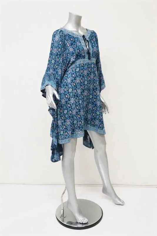 Talitha Waterfall Mini Dress Blue Maharaja Print Ruffled Silk Size Small