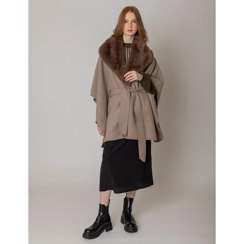 Taupe Faux Fur Collar Belted Poncho