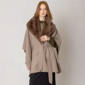Taupe Faux Fur Collar Belted Poncho