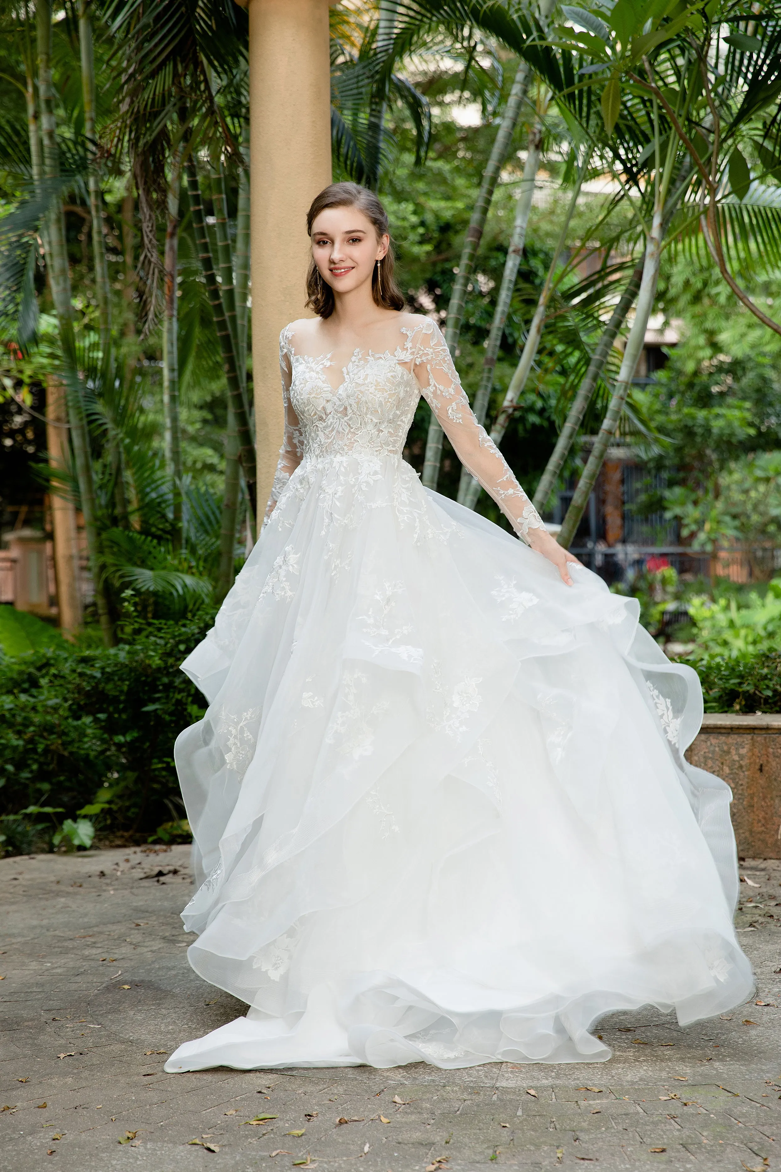 Tess - Selena Huan Long Sleeves Embroidery French Floral Lace Ruffled Skirt A-line Gown